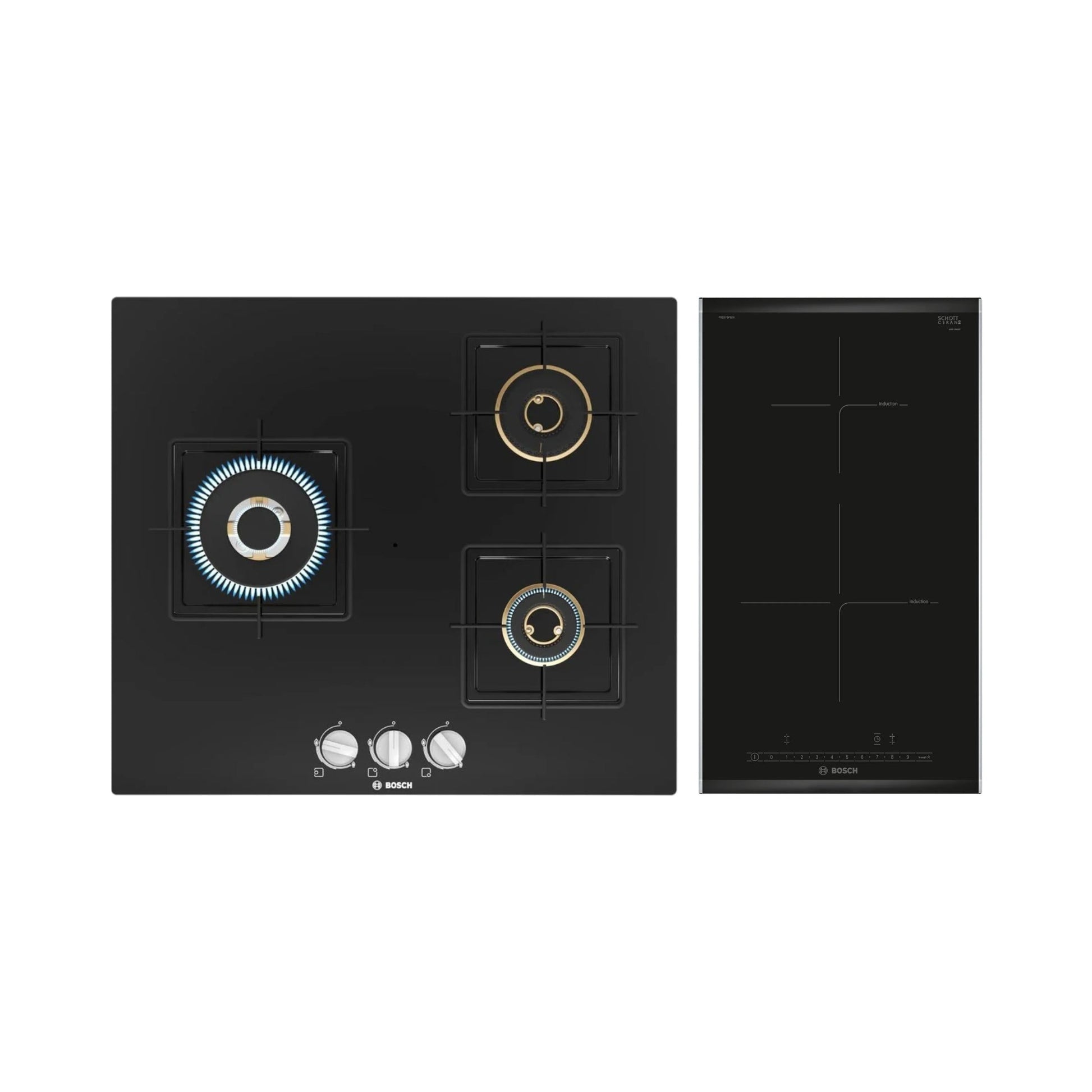 Bosch 60 cm 3 Burner Hob True Brass 2D PNC6B6F10I + Bosch 2 Zones Induction Hob PIB375FB5I