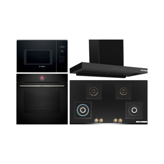 Bosch Built In Oven With Air Fryer HBG7341B1 + Bosch Built-In Microwave Series 6 BEL554MB0I + Bosch 90 cm Wall Mounted Chimney DWB98IJ60I + Bosch 90 cm 4 Burner Hob Series 6 True Brass 3D PNF9B6G20I