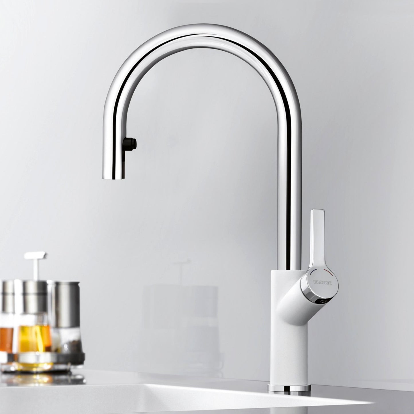 Hafele Table Mounted Pull-Down Kitchen Sink Mixer Blanco CARENA-S-VARIO with Extractable Hand Shower Spout in White Finish