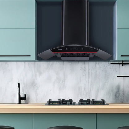 Hafele 90 cm Wall Mounted Chimney Essentia Series RENATA CURVED 90 + Hafele 90 cm 4 Burner Hob Essentia Series AUGUSTA 490