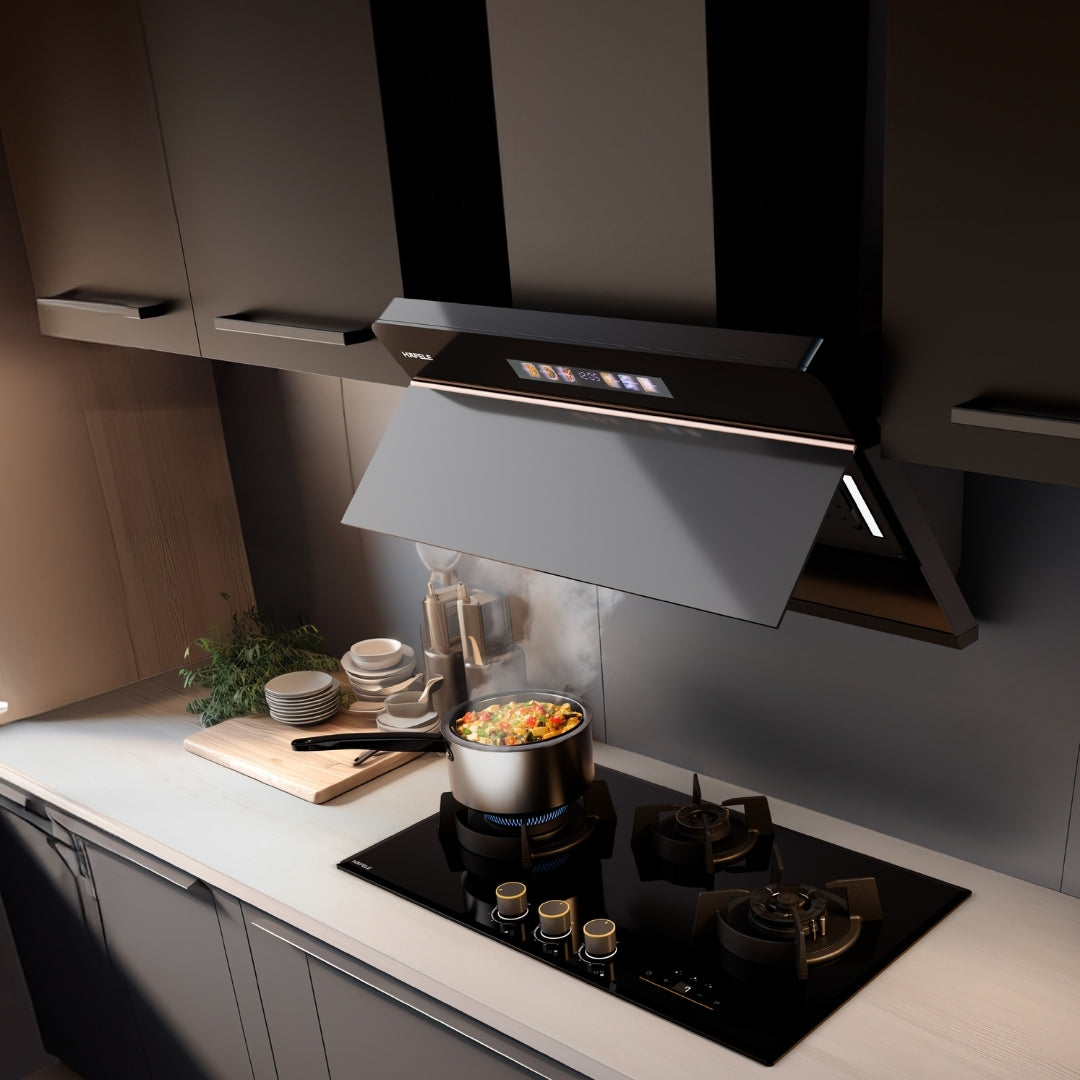 Hafele Built In Oven ORB 72 BIO + Hafele Built-In Convection Microwave DIAMOND 34 MWO + Hafele 90 cm Wall Mounted Chimney TERESA NEO I-90 BLDC + Hafele 80 cm 4 Burner Hob Cronus Series CRONUS 480 + Hafele Semi Built in Dishwasher VALERIYA SI with 15 Place Settings