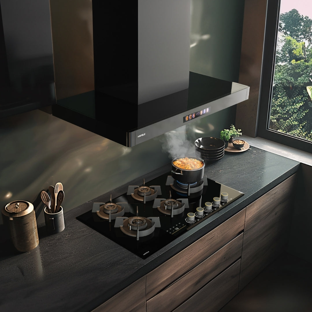 Hafele Built In Oven with Full Steam MIDORA FULL STEAM OVEN + Hafele Built-In Microwave ENZO 28 + Hafele 90 cm Wall Mounted Chimney TERESA T-90 BLDC + Hafele 80 cm 4 Burner Hob Cronus Series CRONUS 480 + Hafele Free Standing Dishwasher AQUA CHROME 13 FS with 13 Place Settings