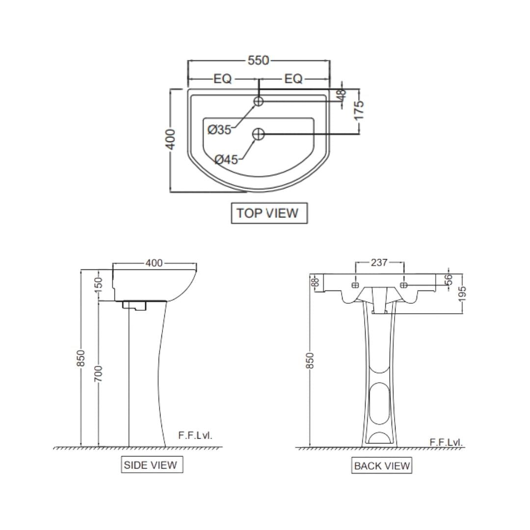 Jaquar - Full Pedestal Oval White Wash Basin - Continental - CNS WHT ...