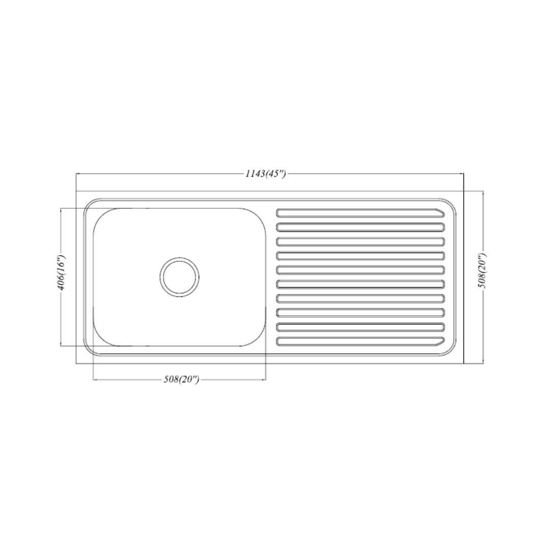 Futura Stainless Steel Sink Dura Series DURA SINGLE BOWL WITH DRAIN BOARD 45 X 20 ( 45 x 20 inches ) - Satin