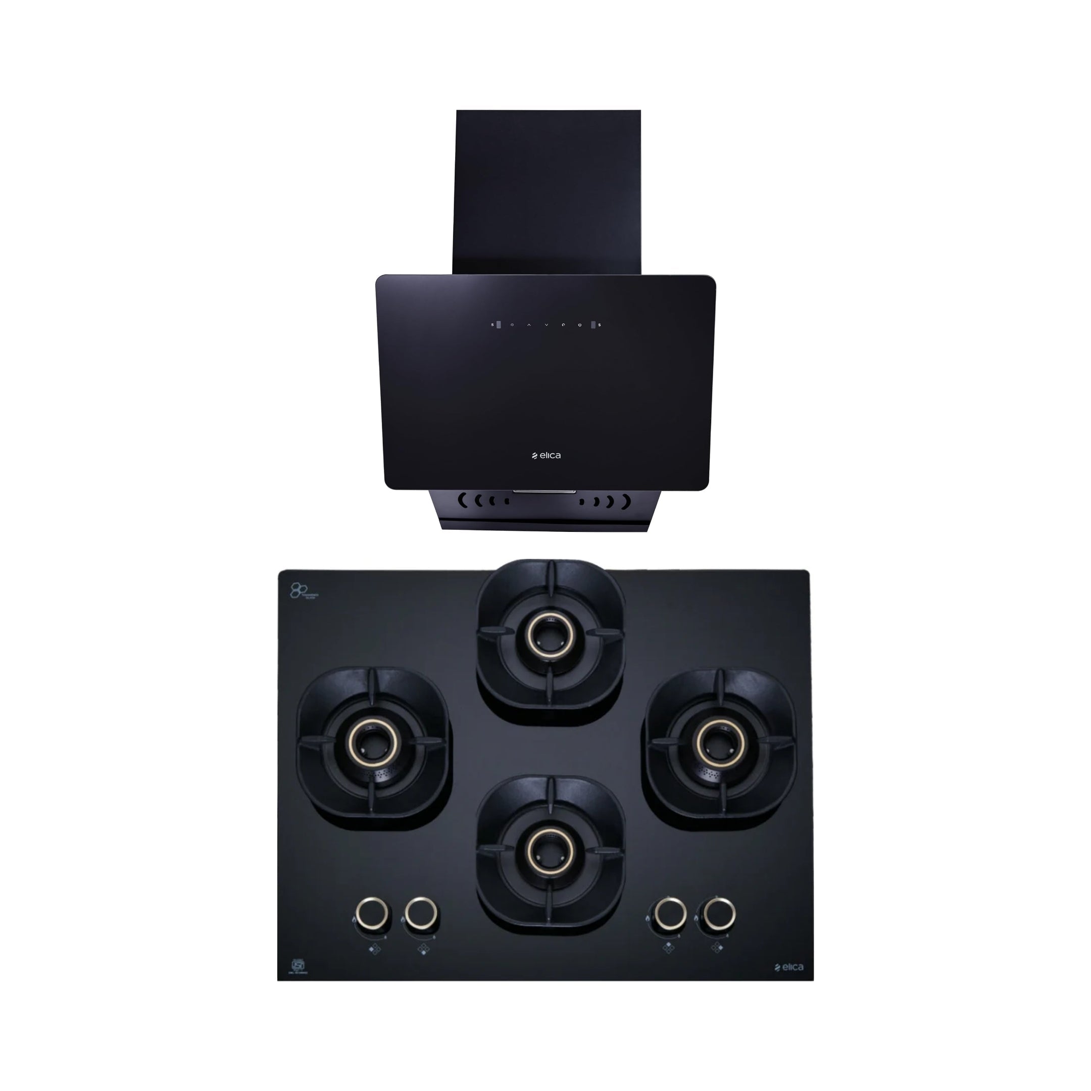 Elica 60 cm Wall Mounted Chimney KITTY FL 600 HAC LTW MS NERO + Elica 60 cm 4 Burner Hob Crown Lotus Series CROWN FLEXI 460 LOTUS IND HD BRASS