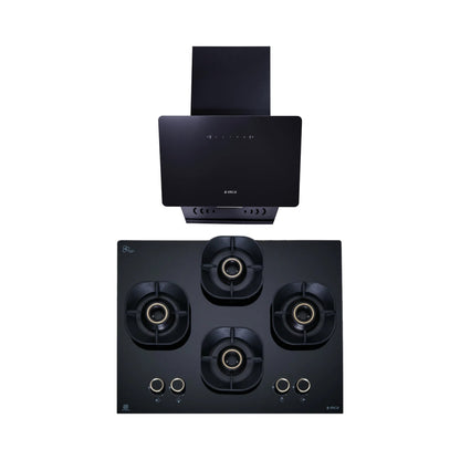 Elica 60 cm Wall Mounted Chimney KITTY FL 600 HAC LTW MS NERO + Elica 60 cm 4 Burner Hob Crown Lotus Series CROWN FLEXI 460 LOTUS IND HD BRASS