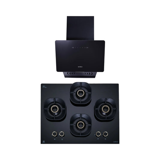 Elica 60 cm Wall Mounted Chimney KITTY FL 600 HAC LTW MS NERO + Elica 60 cm 4 Burner Hob Crown Lotus Series CROWN FLEXI 460 LOTUS IND HD BRASS