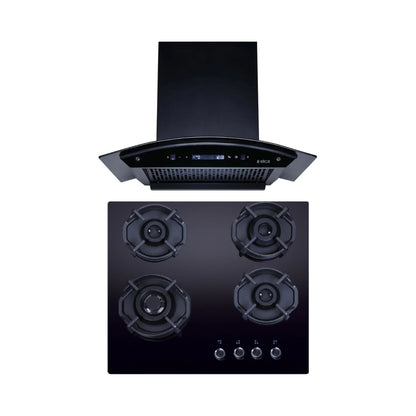 Elica 60 cm Wall Mounted Chimney CURVE FL 600 BLDC HAC LTW MS NERO + Elica 60 cm 4 Burner Hob Hexa IND Lotus FLEXI HEXA 460 LOTUS IND HD BRASS