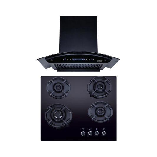 Elica 60 cm Wall Mounted Chimney CURVE FL 600 BLDC HAC LTW MS NERO + Elica 60 cm 4 Burner Hob Hexa IND Lotus FLEXI HEXA 460 LOTUS IND HD BRASS