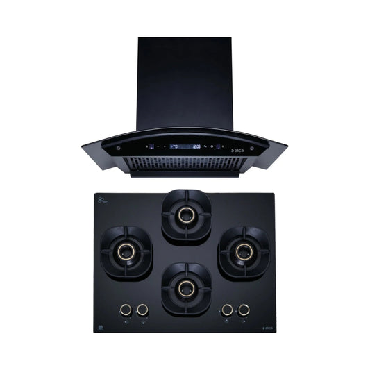 Elica 60 cm Wall Mounted Chimney CURVE FL 600 BLDC HAC LTW MS NERO + Elica 60 cm 4 Burner Hob Crown Lotus Series CROWN FLEXI 460 LOTUS IND HD BRASS