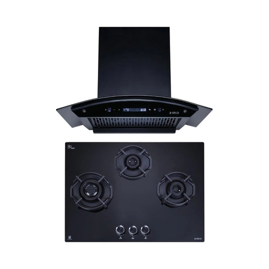 Elica 60 cm Wall Mounted Chimney CURVE FL 600 BLDC HAC LTW MS NERO + Elica 60 cm 3 Burner Hob Hexa IND Lotus FLEXI HEXA 360 LOTUS IND HD BRASS