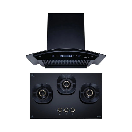 Elica 60 cm Wall Mounted Chimney CURVE FL 600 BLDC HAC LTW MS NERO + Elica 60 cm 3 Burner Hob Crown Lotus Series CROWN FLEXI 360 LOTUS IND HD BRASS
