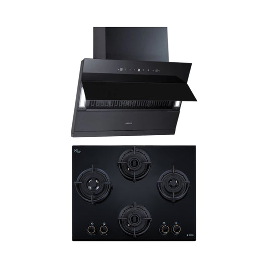 Elica 60 cm Wall Mounted Chimney EFL 3V 601 HAC LTW MS NERO + Elica 60 cm 4 Burner Hob DFS AB Series FLEXI DFS AB 4B 60 DX