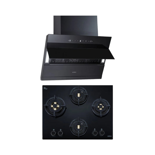 Elica 60 cm Wall Mounted Chimney EFL 3V 601 HAC LTW MS NERO + Elica 60 cm 4 Burner Hob Direct Flame Series FLEXI DFS FB 4B 60 DX