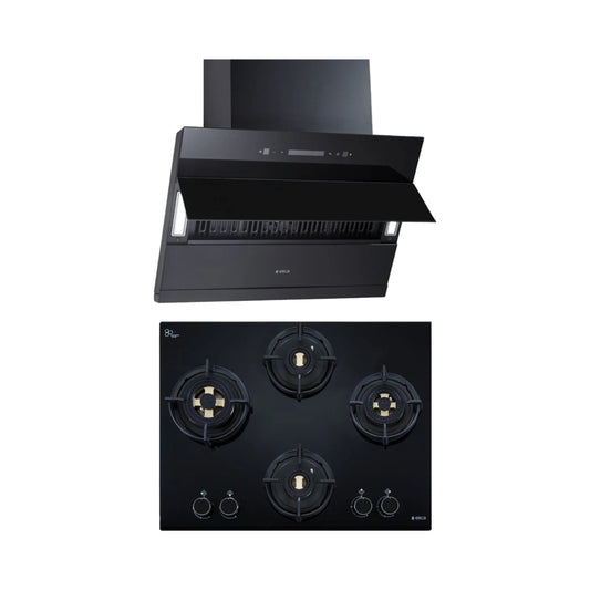 Elica 60 cm Wall Mounted Chimney EFL 3V 601 BLDC HAC LTW MS NERO + Elica 60 cm 4 Burner Hob Direct Flame Series FLEXI DFS FB 4B 60 DX