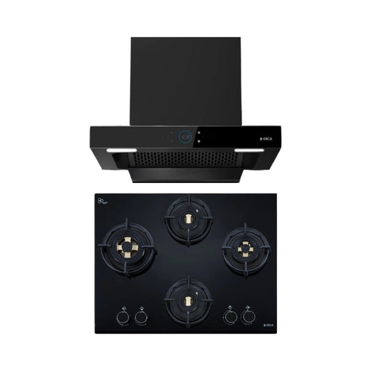 Elica 60 cm Wall Mounted Chimney Ismart Series ISMART SPOT FL HAC 60 LTW NERO + Elica 60 cm 4 Burner Hob Direct Flame Series FLEXI DFS FB 4B 60 DX