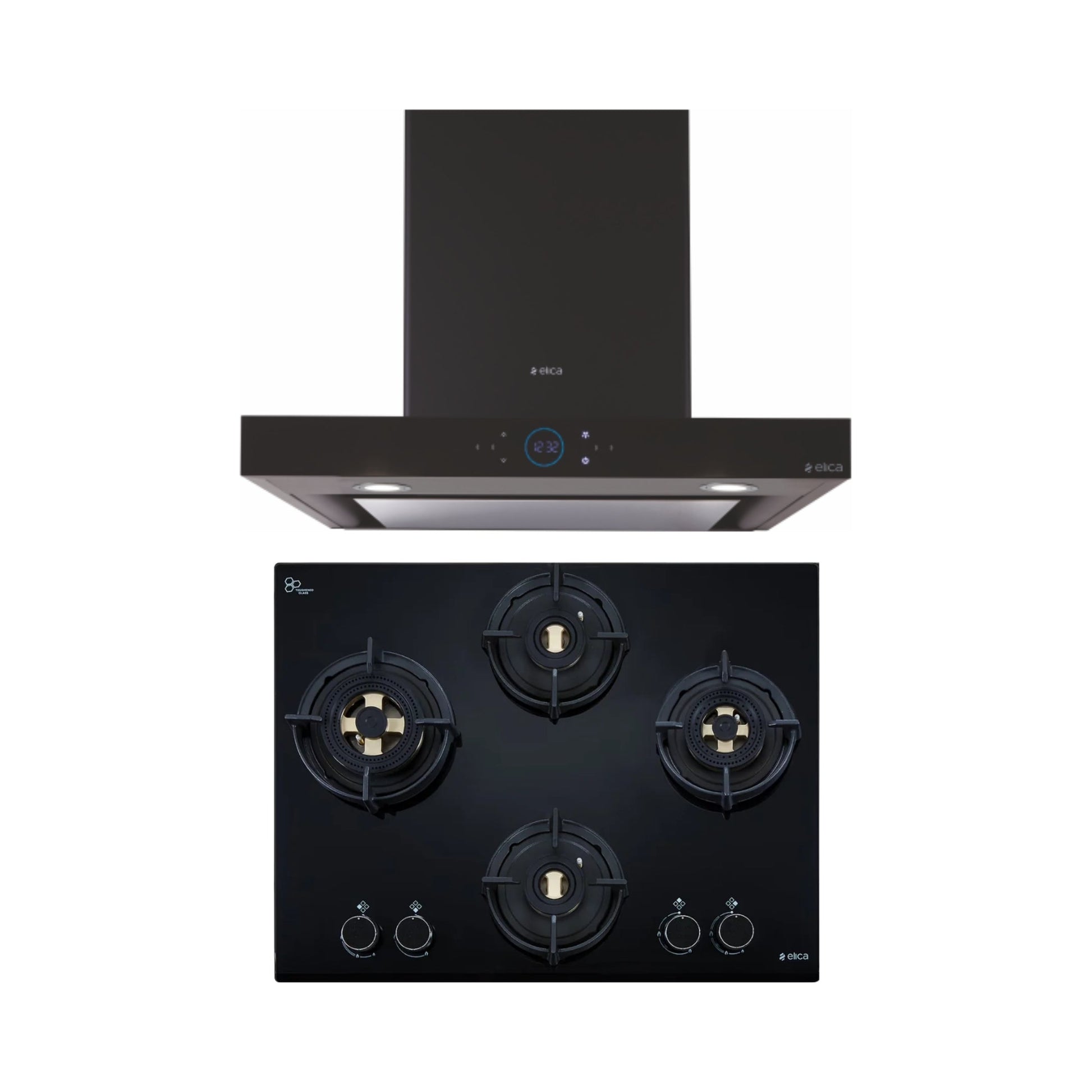 Elica 60 cm Wall Mounted Chimney Ismart Series ISMART SPOT H6 EDS LTW 60 NERO + Elica 60 cm 4 Burner Hob Direct Flame Series FLEXI DFS FB 4B 60 DX