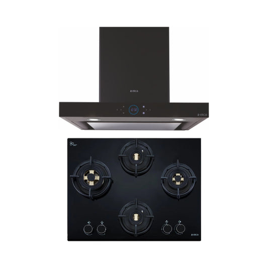 Elica 60 cm Wall Mounted Chimney Ismart Series ISMART SPOT H6 EDS LTW 60 NERO + Elica 60 cm 4 Burner Hob Direct Flame Series FLEXI DFS FB 4B 60 DX