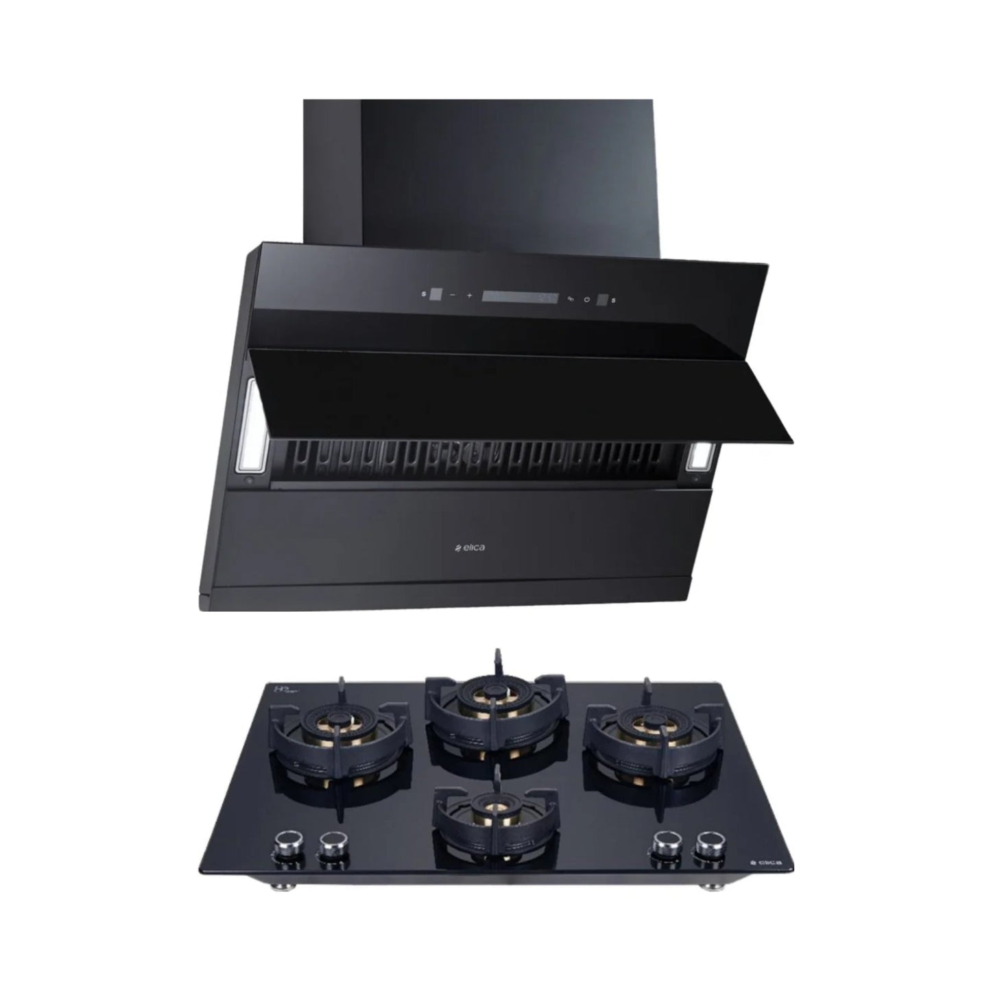Elica 60 cm Wall Mounted Chimney EFL 3V 601 BLDC HAC LTW MS NERO + Elica 70 cm 4 Burner Hob Direct Flame Series FLEXI DFS FB 4B 70 TX