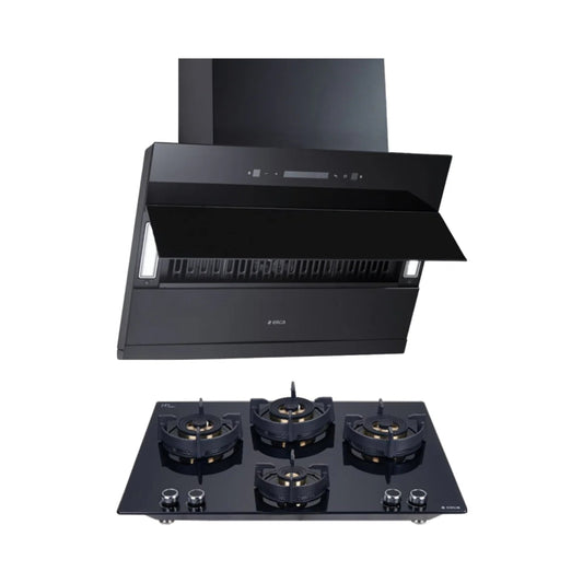 Elica 60 cm Wall Mounted Chimney EFL 3V 601 BLDC HAC LTW MS NERO + Elica 70 cm 4 Burner Hob Direct Flame Series FLEXI DFS FB 4B 70 TX