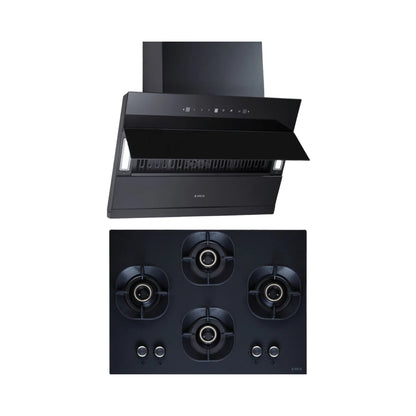 Elica 60 cm Wall Mounted Chimney EFL 3V 601 HAC LTW MS NERO + Elica 70 cm 4 Burner Hob Matt Crown Lotus Series MATT CROWN FLEXI 470 LOTUS IND HD BRASS