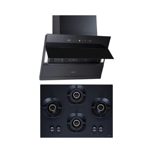 Elica 60 cm Wall Mounted Chimney EFL 3V 601 HAC LTW MS NERO + Elica 70 cm 4 Burner Hob Matt Crown Lotus Series MATT CROWN FLEXI 470 LOTUS IND HD BRASS