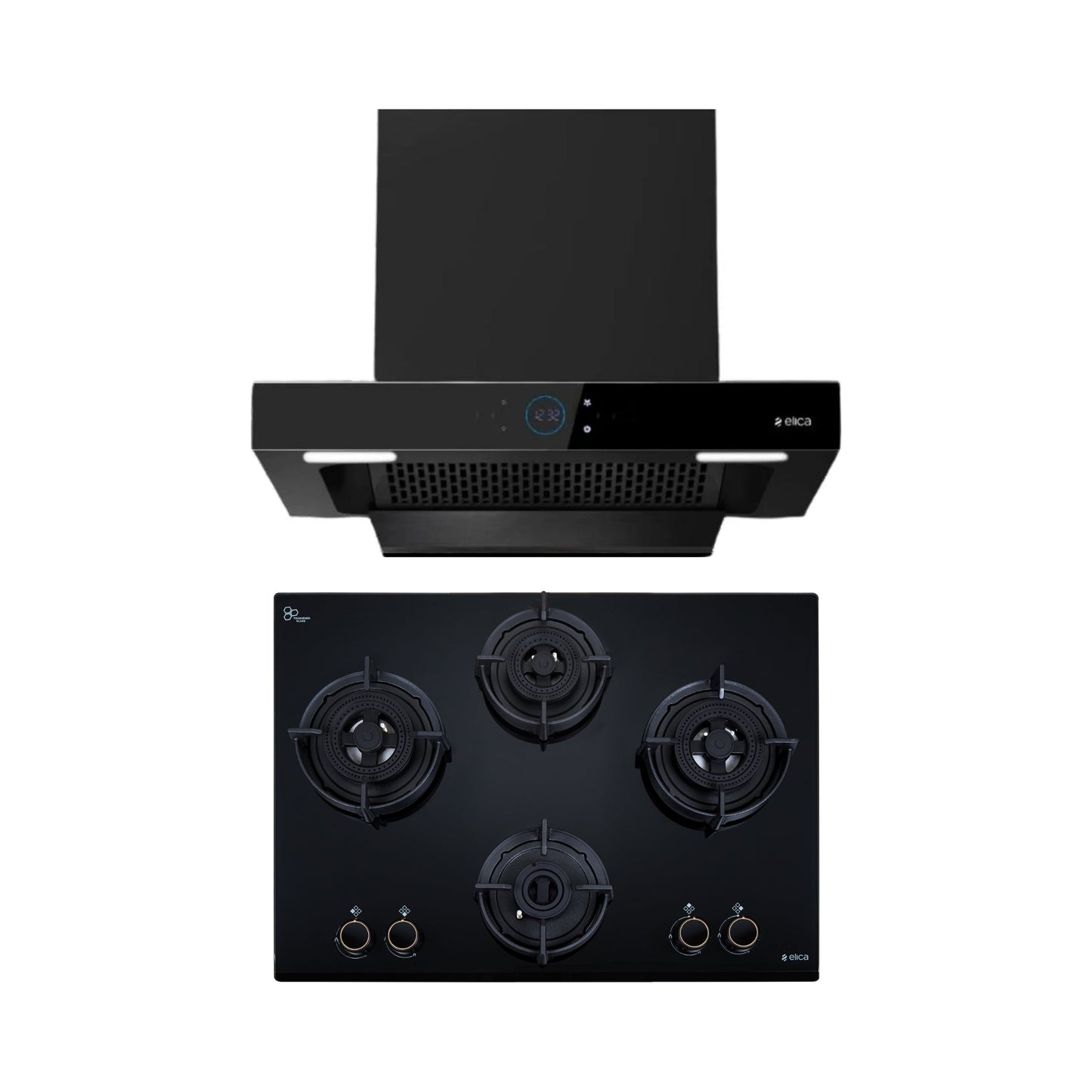 Elica 60 cm Wall Mounted Chimney Ismart Series ISMART SPOT FL HAC 60 LTW NERO + Elica 70 cm 4 Burner Hob DFS AB Series FLEXI DFS AB 4B 70 TX