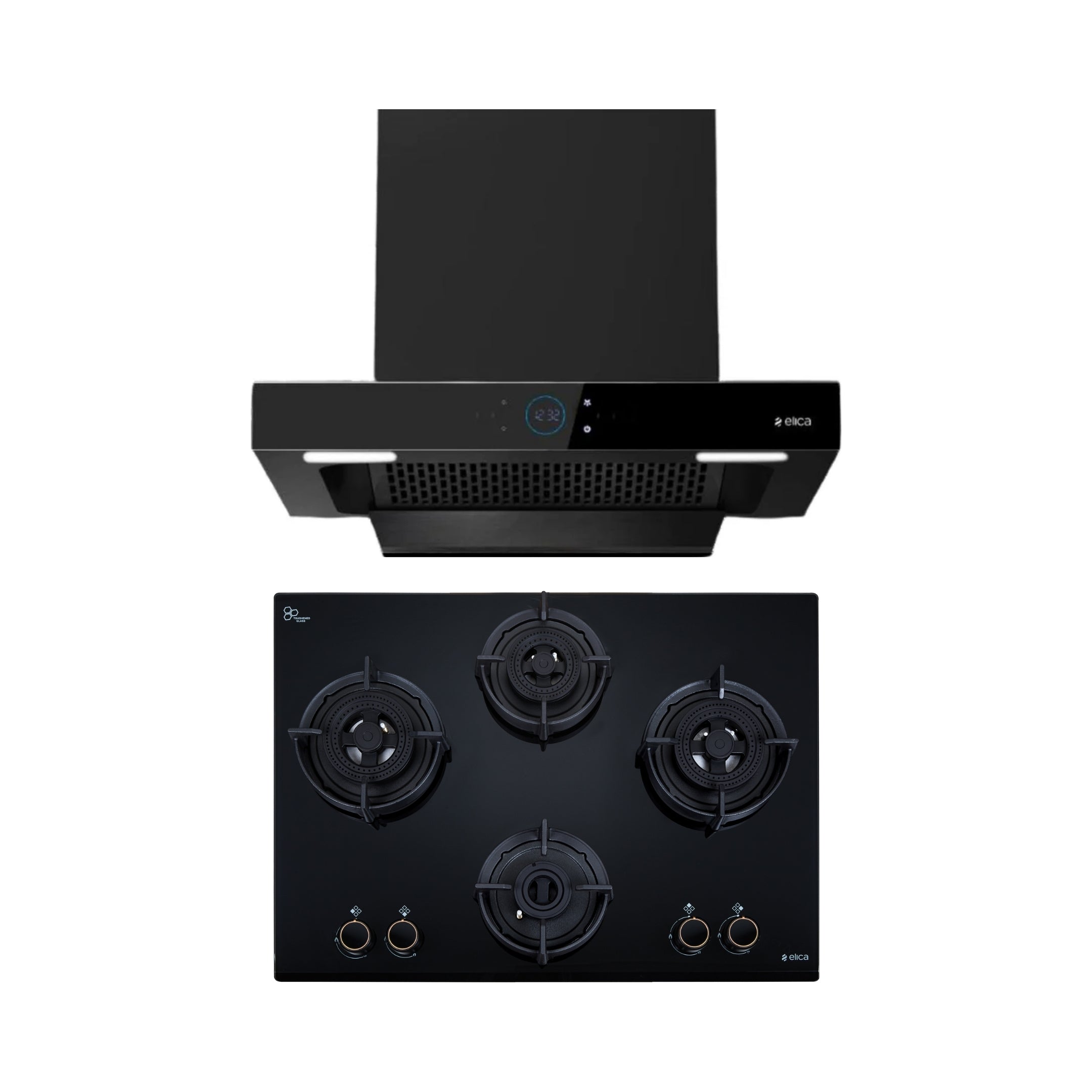 Elica 60 cm Wall Mounted Chimney Ismart Series ISMART SPOT FL HAC 60 LTW NERO + Elica 70 cm 4 Burner Hob DFS AB Series FLEXI DFS AB 4B 70 TX