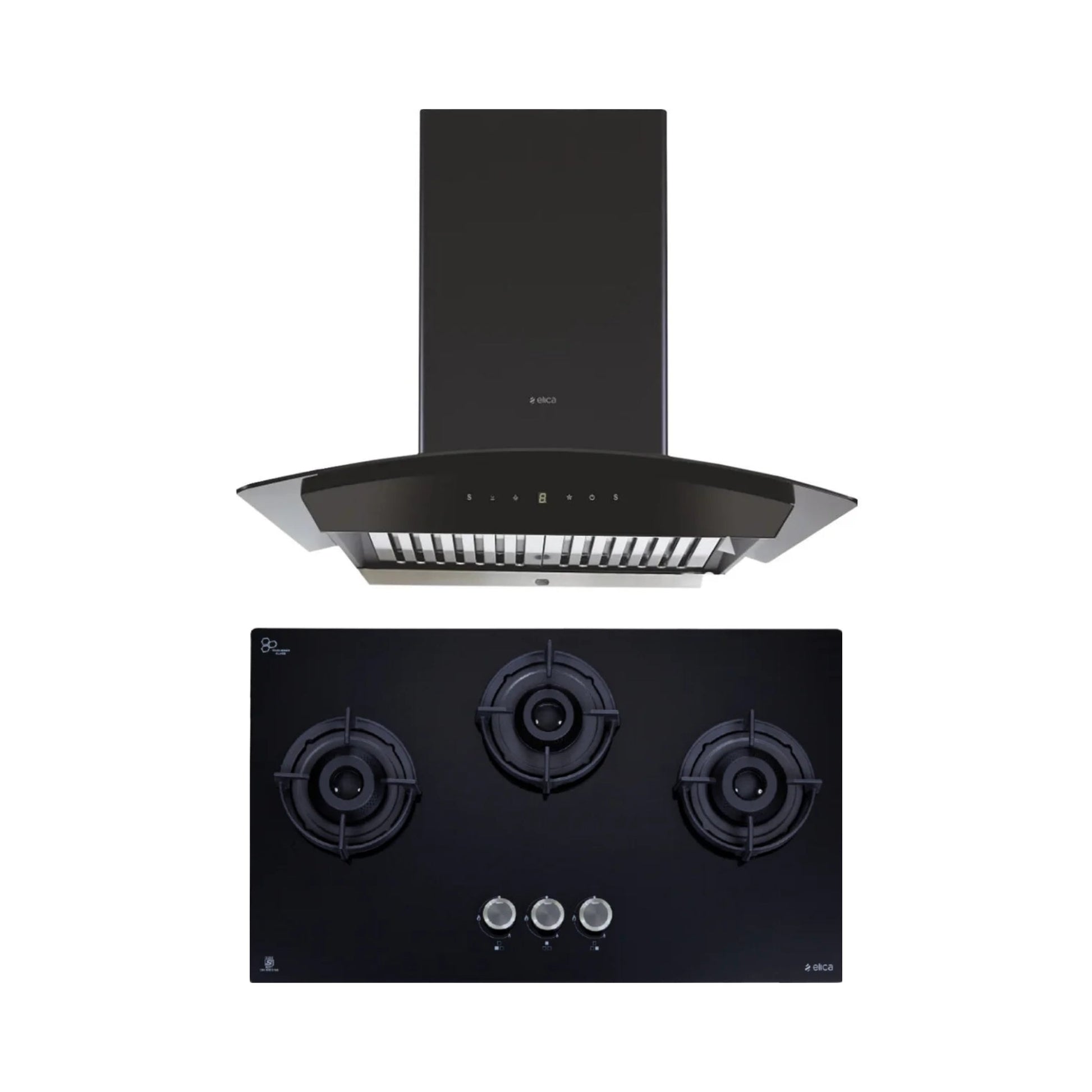 Elica 75 cm Wall Mounted Chimney WDAT HAC 75 MS NERO + Elica 75 cm 3 Burner Hob Lotus Series FLEXI 375 LOTUS IND HD BRASS