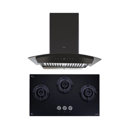 Elica 75 cm Wall Mounted Chimney WDAT HAC 75 MS NERO + Elica 75 cm 3 Burner Hob Lotus Series FLEXI 375 LOTUS IND HD BRASS