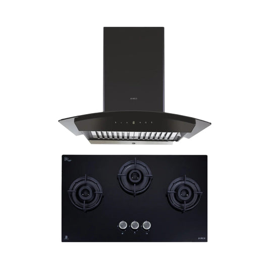 Elica 75 cm Wall Mounted Chimney WDAT HAC 75 MS NERO + Elica 75 cm 3 Burner Hob Lotus Series FLEXI 375 LOTUS IND HD BRASS