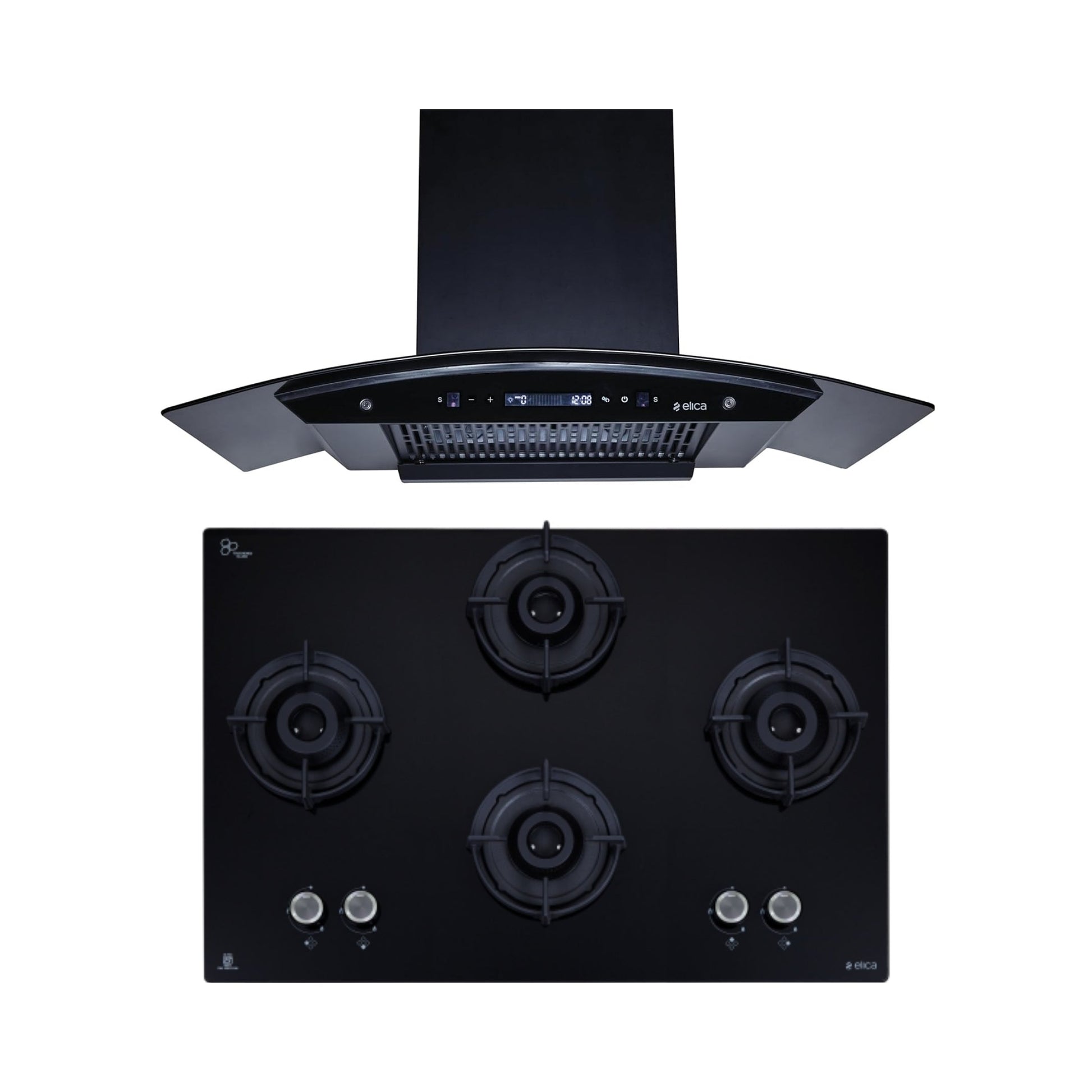 Elica 90 cm Wall Mounted Chimney CURVE FL 900 BLDC HAC LTW MS NERO + Elica 90 cm 4 Burner Hob Lotus Series FLEXI 491 LOTUS IND HD BRASS