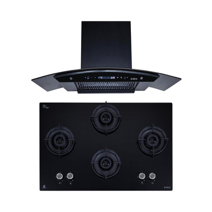 Elica 90 cm Wall Mounted Chimney CURVE FL 900 BLDC HAC LTW MS NERO + Elica 90 cm 4 Burner Hob Lotus Series FLEXI 491 LOTUS IND HD BRASS
