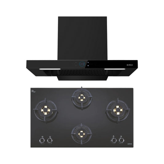 Elica 90 cm Wall Mounted Chimney Ismart Series ISMART SPOT FL HAC 90 LTW NERO + Elica 90 cm 4 Burner Hob Direct Flame Series FLEXI DFS FB 4B 91 TX