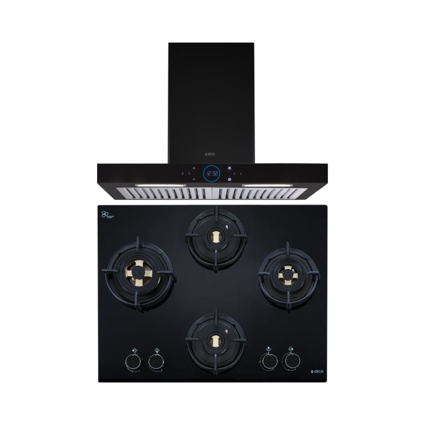 Elica 60 cm Wall Mounted Chimney Ismart Series ISMART SPOT H6 BF LTW 60 NERO + Elica 60 cm 4 Burner Hob Direct Flame Series FLEXI DFS FB 4B 60 DX