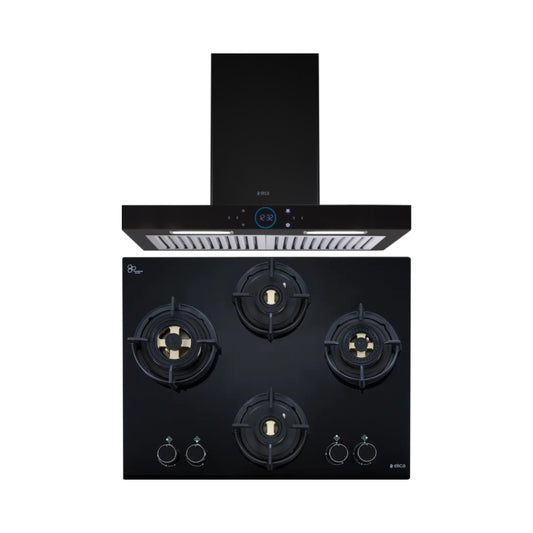 Elica 60 cm Wall Mounted Chimney Ismart Series ISMART SPOT H6 BF LTW 60 NERO + Elica 60 cm 4 Burner Hob Direct Flame Series FLEXI DFS FB 4B 60 DX