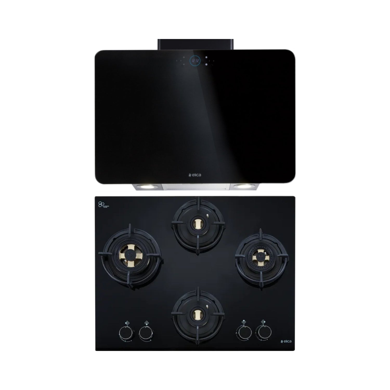 Elica 60 cm Wall Mounted Chimney Ismart Series ISMART KITTY LTW 60 NERO + Elica 60 cm 4 Burner Hob Direct Flame Series FLEXI DFS FB 4B 60 DX