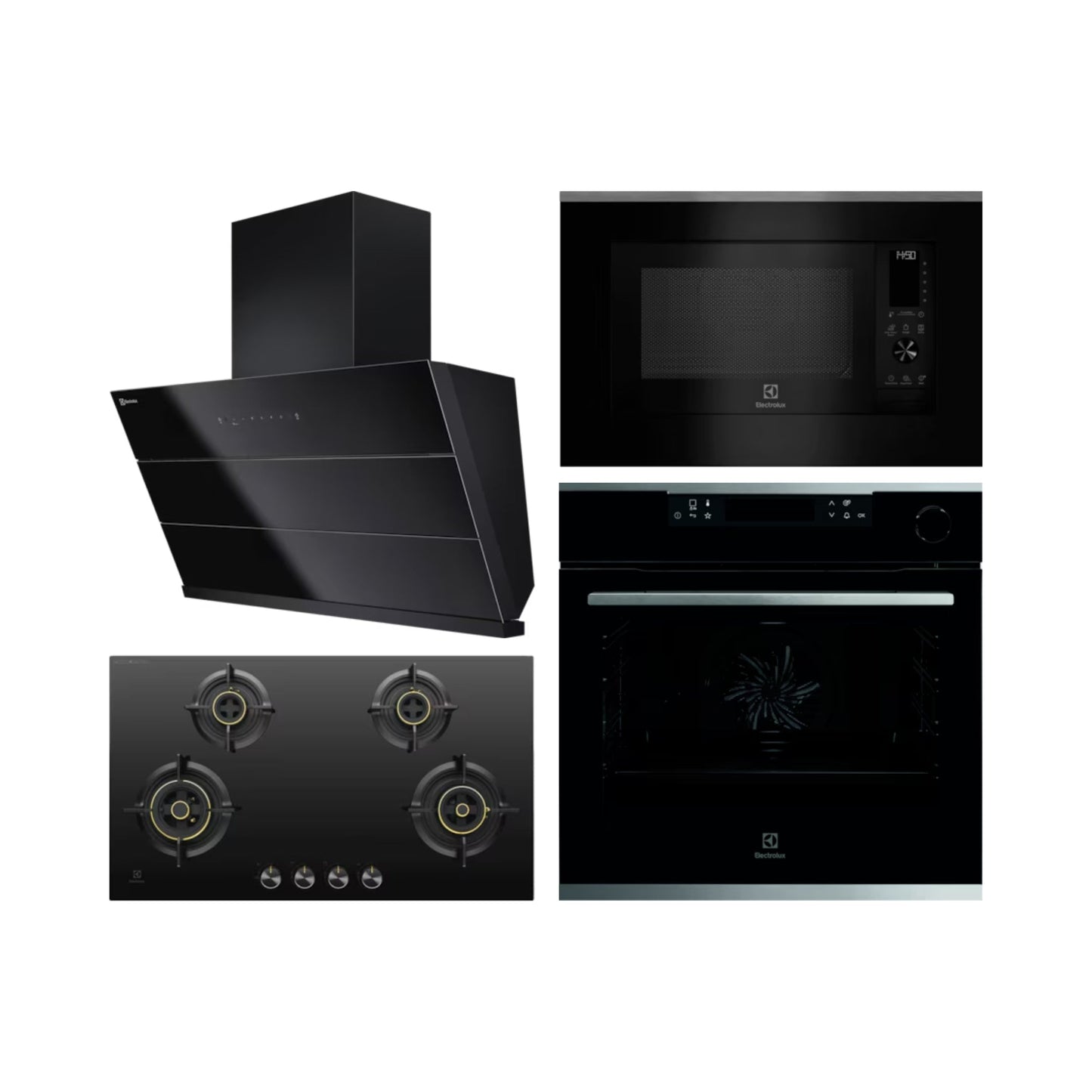 Electrolux Built In Oven with Steam Assist KOCBP21XA + Electrolux Built-In Convection Microwave with Air Fryer EMSB30XCF + Electrolux 90 cm Wall Mounted Chimney ECS9932KB + Electrolux 90 cm 4 Burner Hob UltimateTaste 300 EHG9430BCI