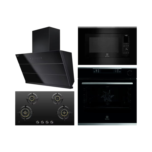 Electrolux Built In Oven with Steam Assist KOCBP21XA + Electrolux Built-In Convection Microwave with Air Fryer EMSB30XCF + Electrolux 90 cm Wall Mounted Chimney ECS9932KB + Electrolux 90 cm 4 Burner Hob UltimateTaste 300 EHG9430BCI