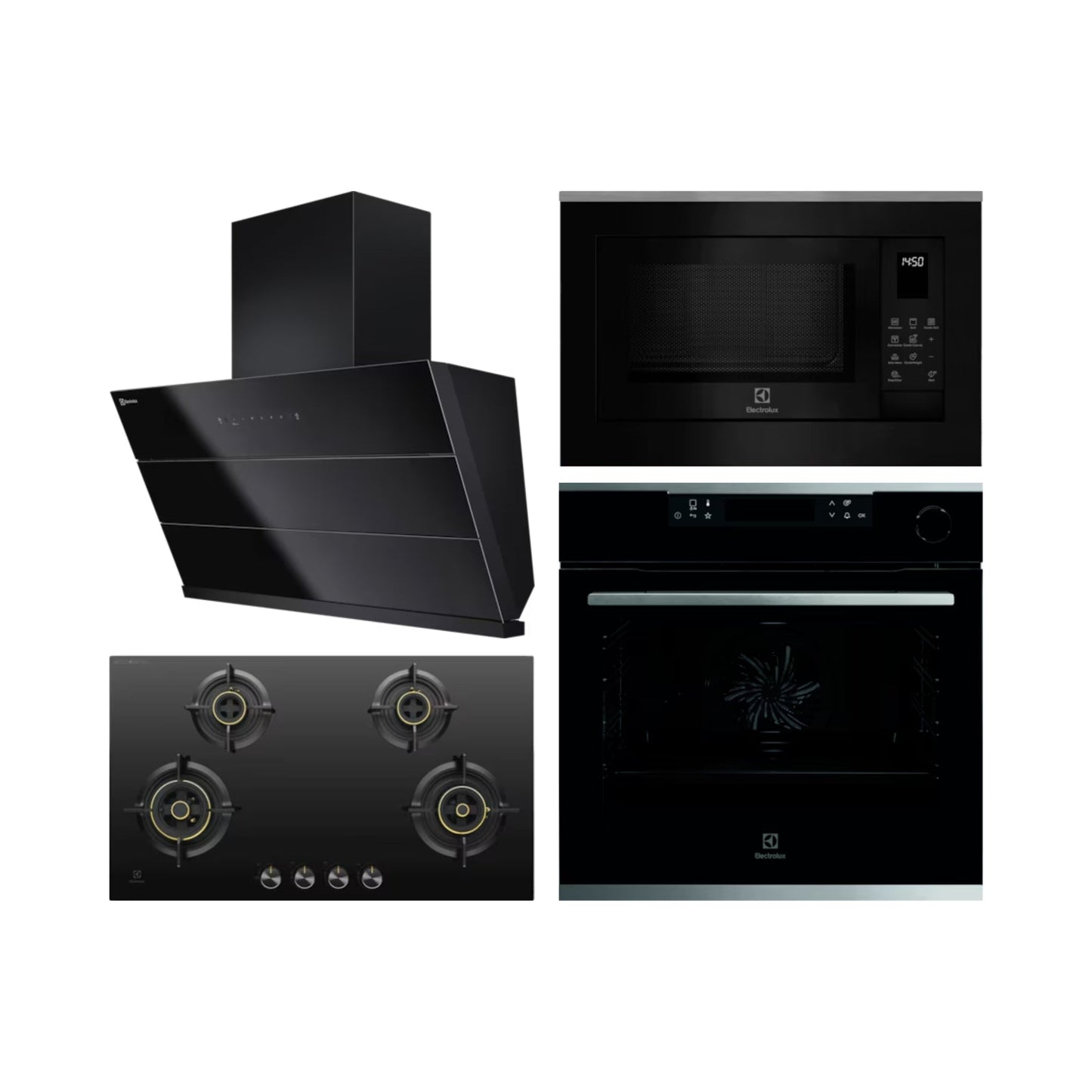 Electrolux Built In Oven with Steam Assist KOCBP21XA + Electrolux Built-In Convection Microwave EMSB25XC + Electrolux 90 cm Wall Mounted Chimney ECS9932KB + Electrolux 90 cm 4 Burner Hob UltimateTaste 300 EHG9430BCI