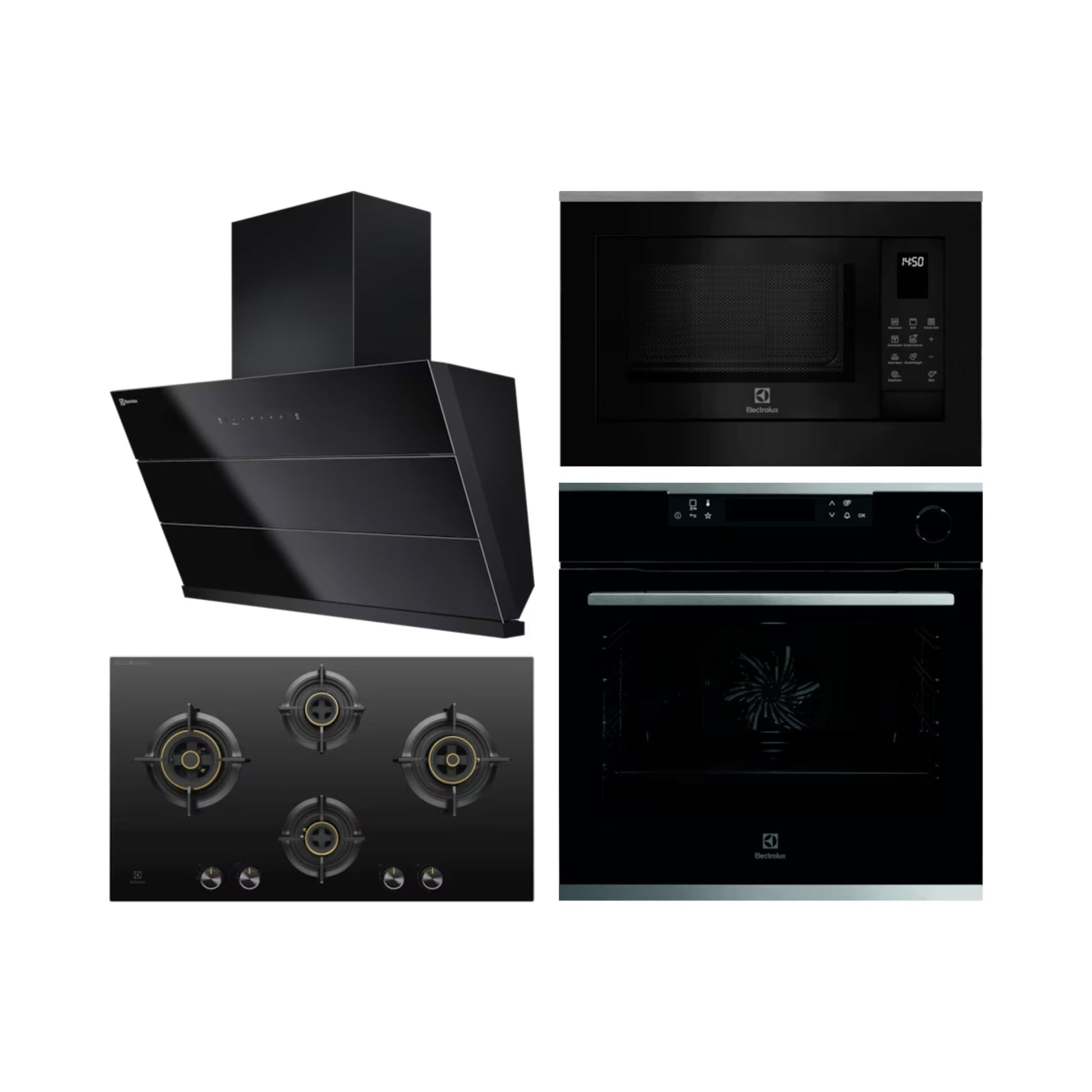 Electrolux Built In Oven with Steam Assist KOCBP21XA + Electrolux Built-In Convection Microwave EMSB25XC + Electrolux 90 cm Wall Mounted Chimney UltimateTaste 700 Series ECS9932KB + Electrolux 90 cm 4 Burner Hob UltimateTaste 300 EHG9430BCD