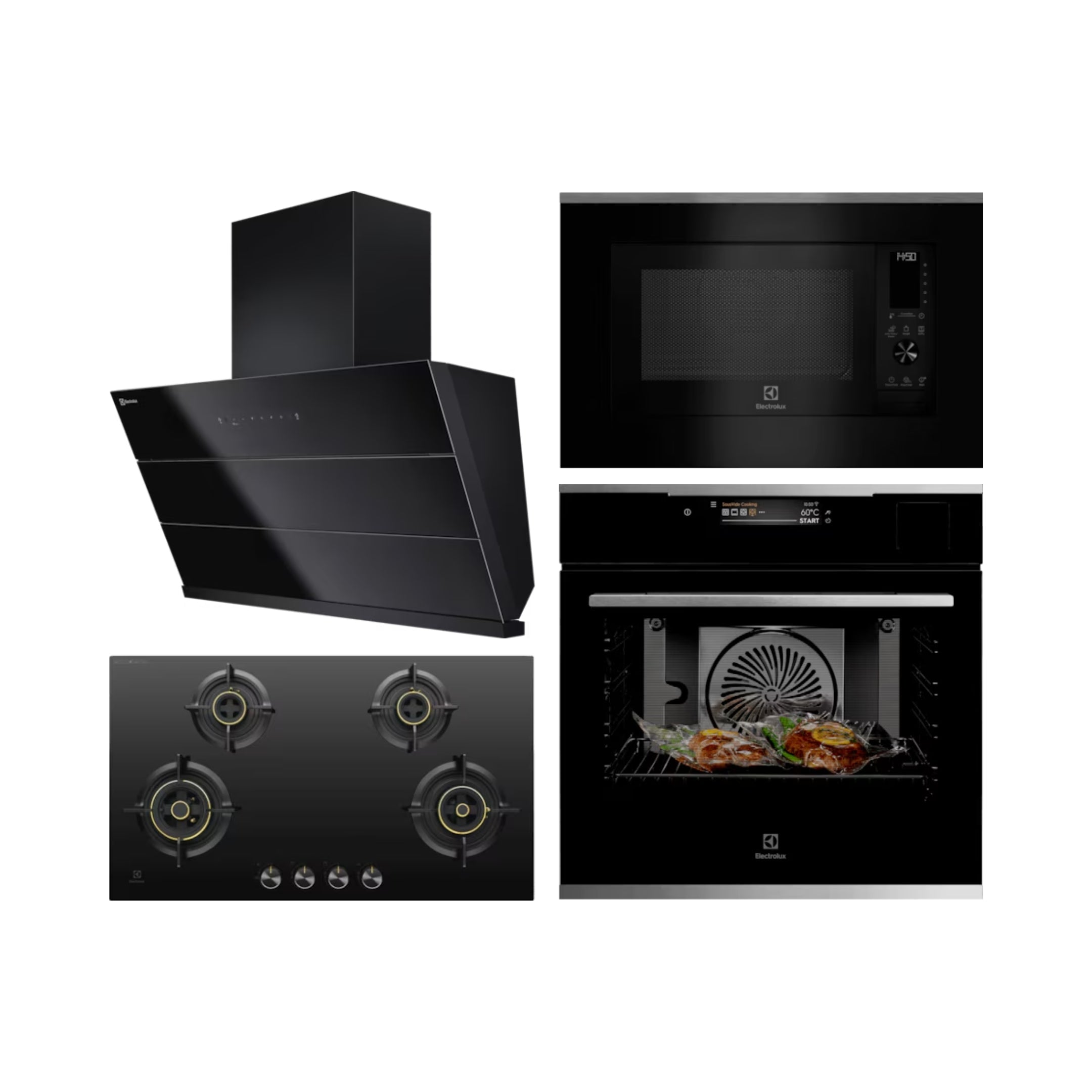 Electrolux Built In Oven with Full Steam Function KOAAS31X + Electrolux Built-In Convection Microwave with Air Fryer EMSB30XCF + Electrolux 90 cm Wall Mounted Chimney ECS9932KB + Electrolux 90 cm 4 Burner Hob UltimateTaste 300 EHG9430BCI