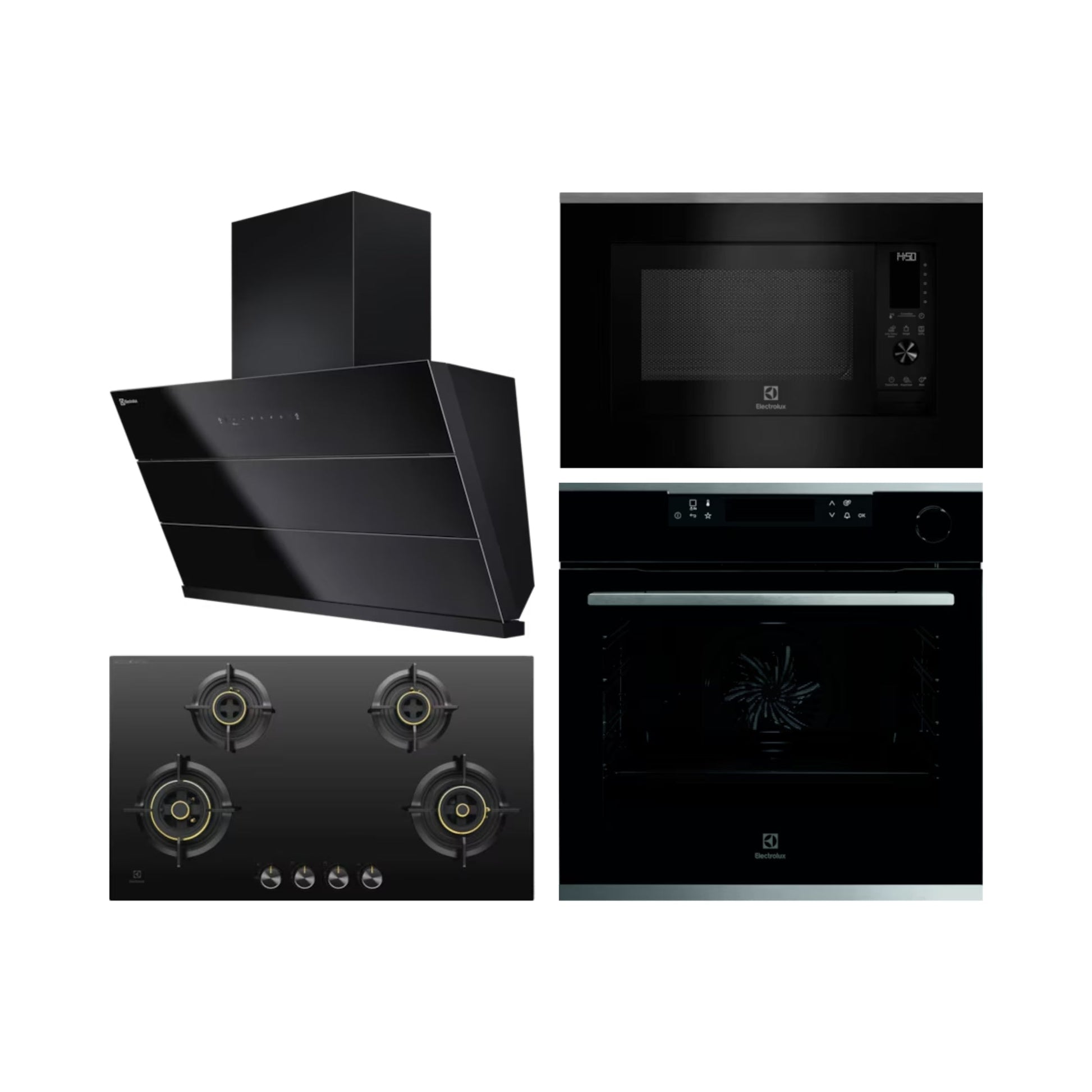 Electrolux Built In Oven with Full Steam Function KOAAS31X + Electrolux Built-In Convection Microwave EMSB25XC + Electrolux 90 cm Chimney UltimateTaste 700 Series ECS9932KB + Electrolux 90 cm 4 Burner Hob EHG9430BCI
