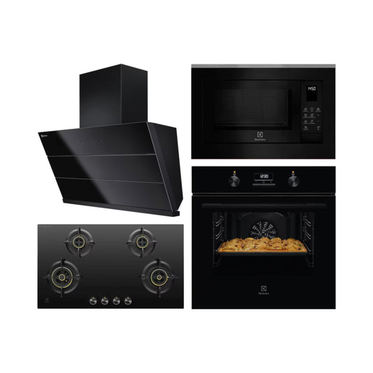 Electrolux Built In Oven UltimateTaste 300 KOH3H00BK + Electrolux Built-In Convection Microwave UltimateTaste 700 EMSB25XC + Electrolux 90 cm Wall Mounted Chimney UltimateTaste 700 Series ECS9941GB + Electrolux 90 cm 4 Burner Hob UltimateTaste 300 EHG9430BCI