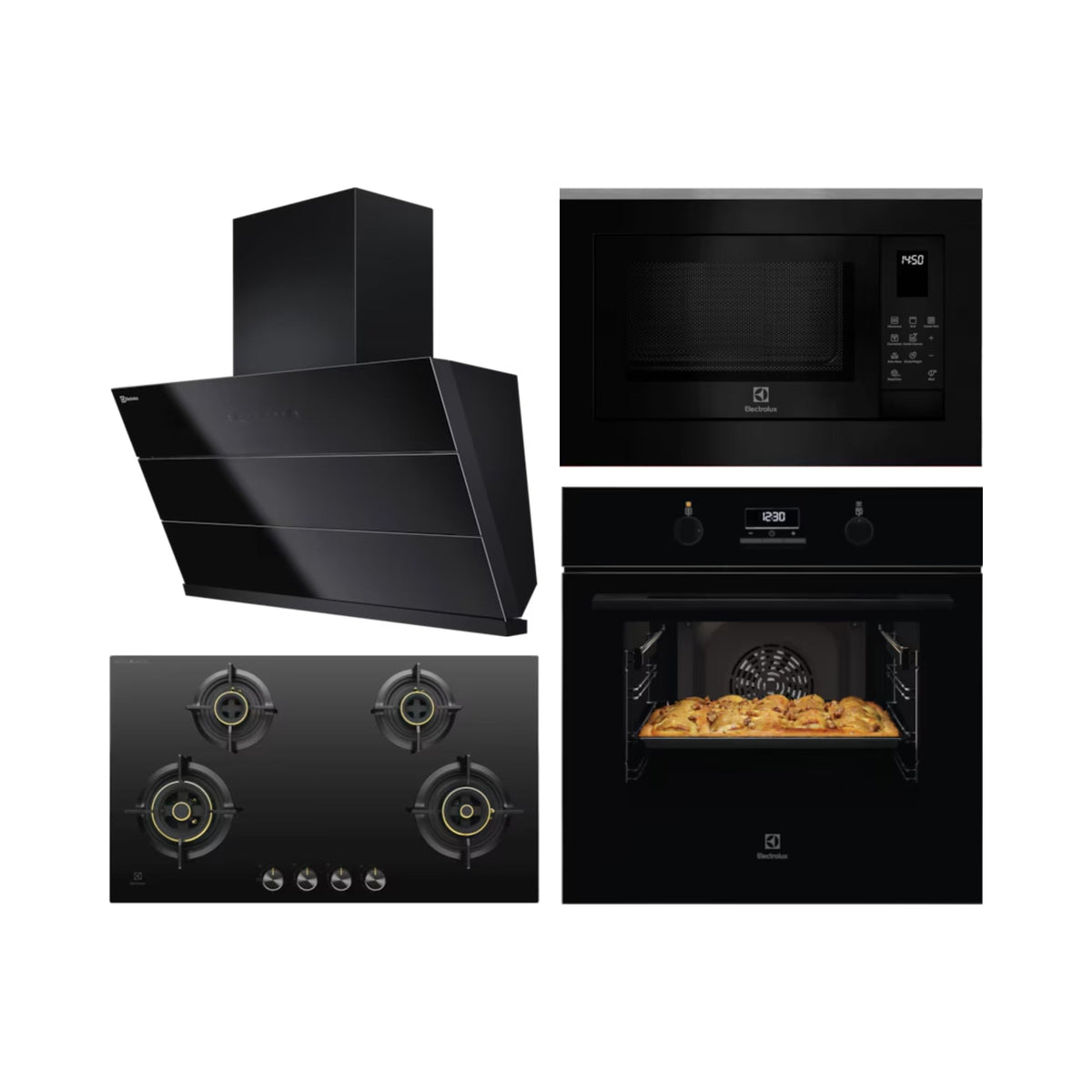 Electrolux Built In Oven with Steam Assist UltimateTaste 500 KOD3H50BK + Electrolux Built-In Convection Microwave UltimateTaste 700 EMSB25XC + Electrolux 90 cm Wall Mounted Chimney UltimateTaste 700 Series ECS9941GB + Electrolux 90 cm 4 Burner Hob UltimateTaste 300 EHG9430BCI
