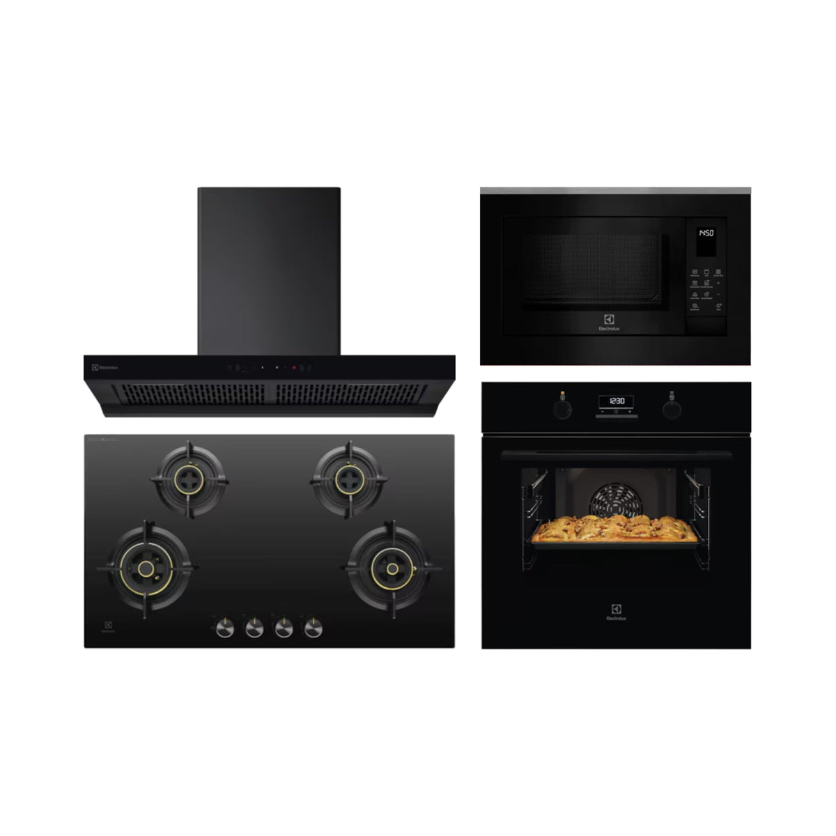 Electrolux Built In Oven with Steam Assist UltimateTaste 500 KOD3H50BK + Electrolux Built-In Convection Microwave UltimateTaste 700 EMSB25XC + Electrolux 90 cm Wall Mounted Chimney UltimateTaste 700 Series ECT9841KB + Electrolux 90 cm 4 Burner Hob UltimateTaste 300 EHG9430BCI