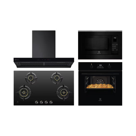 Electrolux Built In Oven with Steam Assist UltimateTaste 500 KOD3H50BK + Electrolux Built-In Convection Microwave UltimateTaste 700 EMSB25XC + Electrolux 90 cm Wall Mounted Chimney UltimateTaste 700 Series ECT9841KB + Electrolux 90 cm 4 Burner Hob UltimateTaste 300 EHG9430BCI