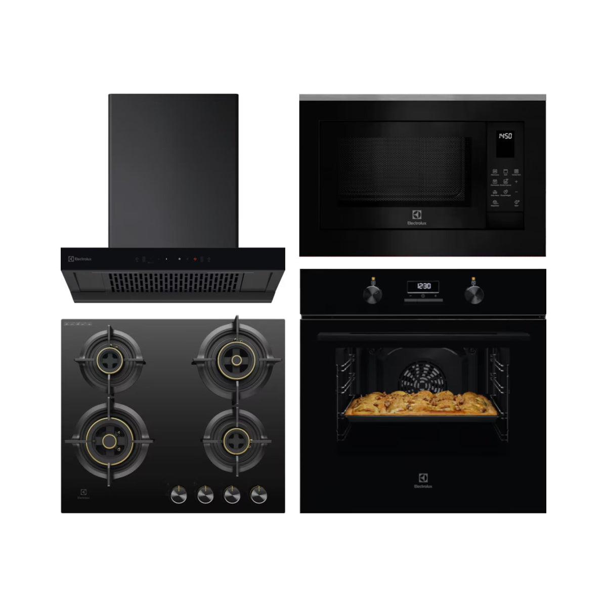 Electrolux Built In Oven UltimateTaste 300 KOH3H00BK + Electrolux Built-In Convection Microwave UltimateTaste 700 EMSB25XC + Electrolux 60 cm Wall Mounted Chimney UltimateTaste 700 Series ECT6841KB + Electrolux 60 cm 4 Burner Hob UltimateTaste 300 EHG6430BC