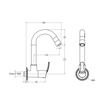 Cera Wall Mounted Regular Kitchen Sink Tap Vivana F2014261 with Swinging Spout in Chrome Finish