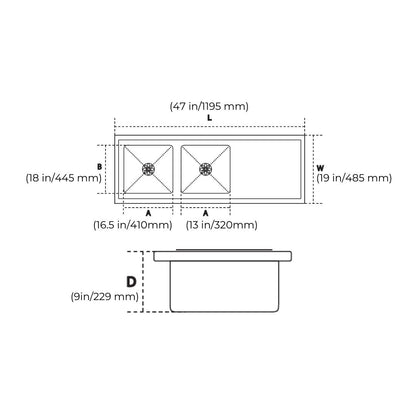 Hindware Stainless Steel Sink Handmade Series DOUBLE BOWL WITH DRAIN BOARD FEDERICO HM BS 47 x 19 ( 47 x 19 inches ) - Satin